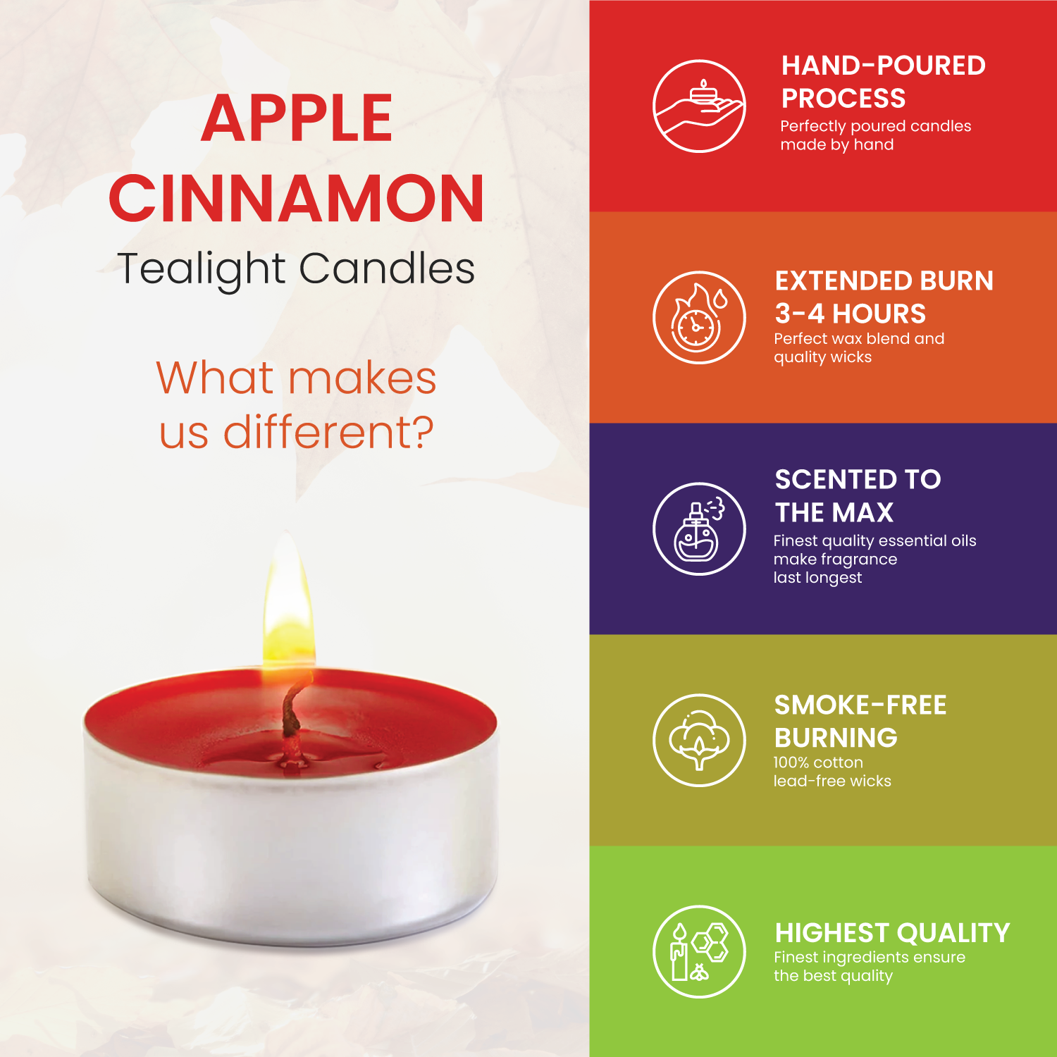 Scented Tealights Bundle - Apple Cinnamon, Pumpkin Spice & Patchouli - 30 Pack each