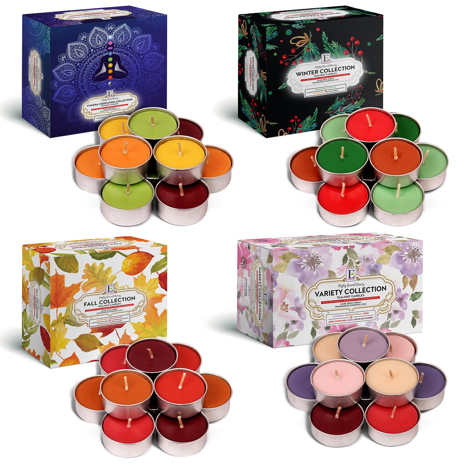 Scented Tealights Bundle - Fall, Chakra, Christmas - 64 Pack each & Variety - 90 Pack
