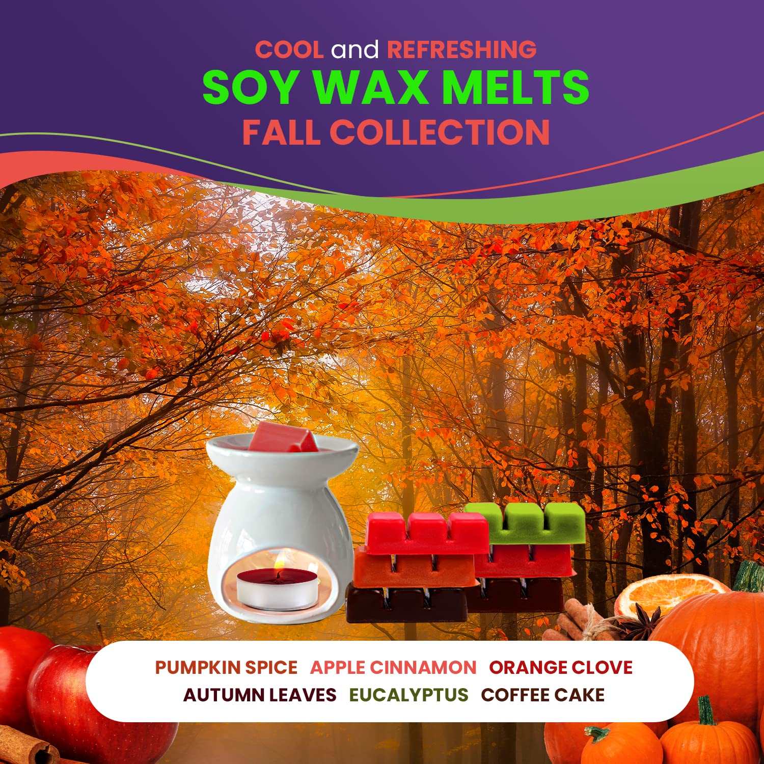 Fall Wax Melts Cubes for Scented Wax Warmer - 100% Soy Wax Melts - 6 Fragrances X 6 Cubes