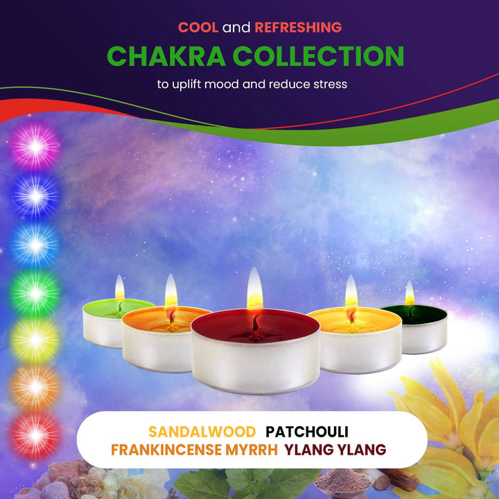 Chakra Meditation Scented Tea Lights Candles - 64 Pack - Sandalwood, Patchouli, Frankincense Myrrh, Ylang Ylang