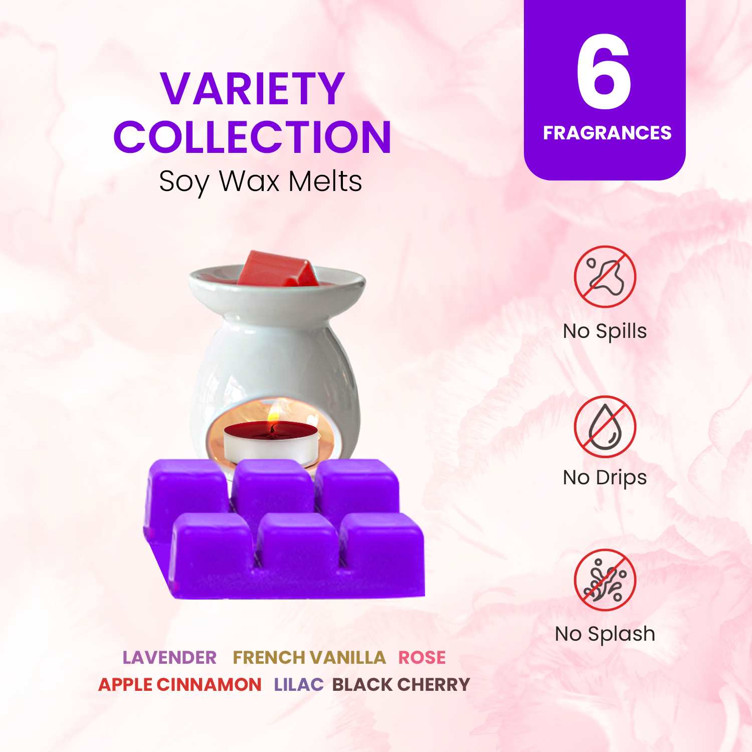 Scented Wax Melts Soy Wax Cubes - 6 Fragrances X 6 Cubes - Lavender, Vanilla, Rose, Apple Cinnamon, Lilac and Black Cherry, Made in USA