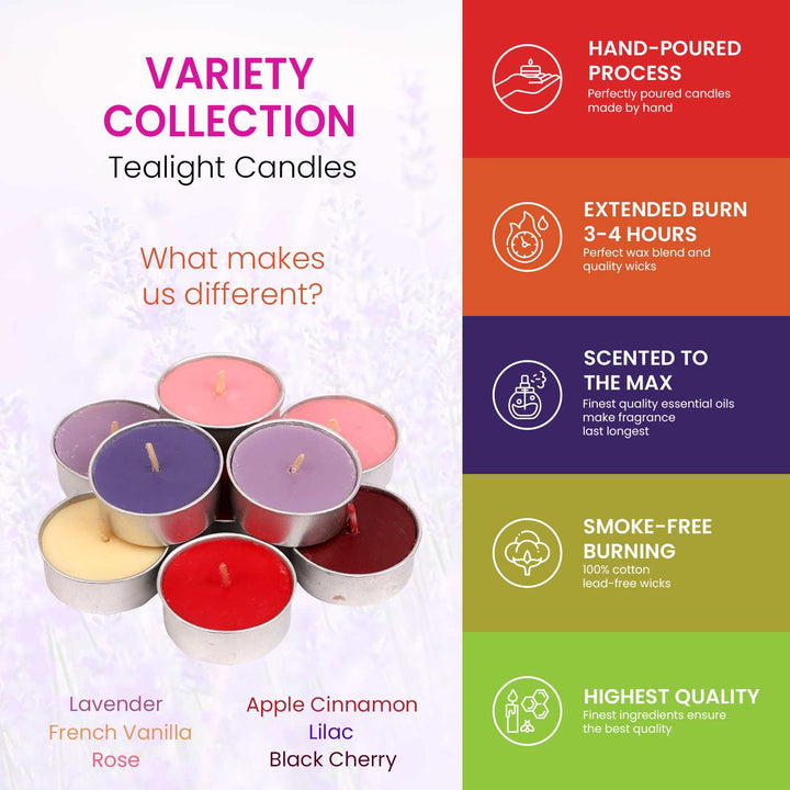 Variety Collection Gift Set - 90 pcs - Set of 15 Tealights with 6 Fragrances - Lavender, French Vanilla, Rose, Apple Cinnamon, Lilac and Black Cherry